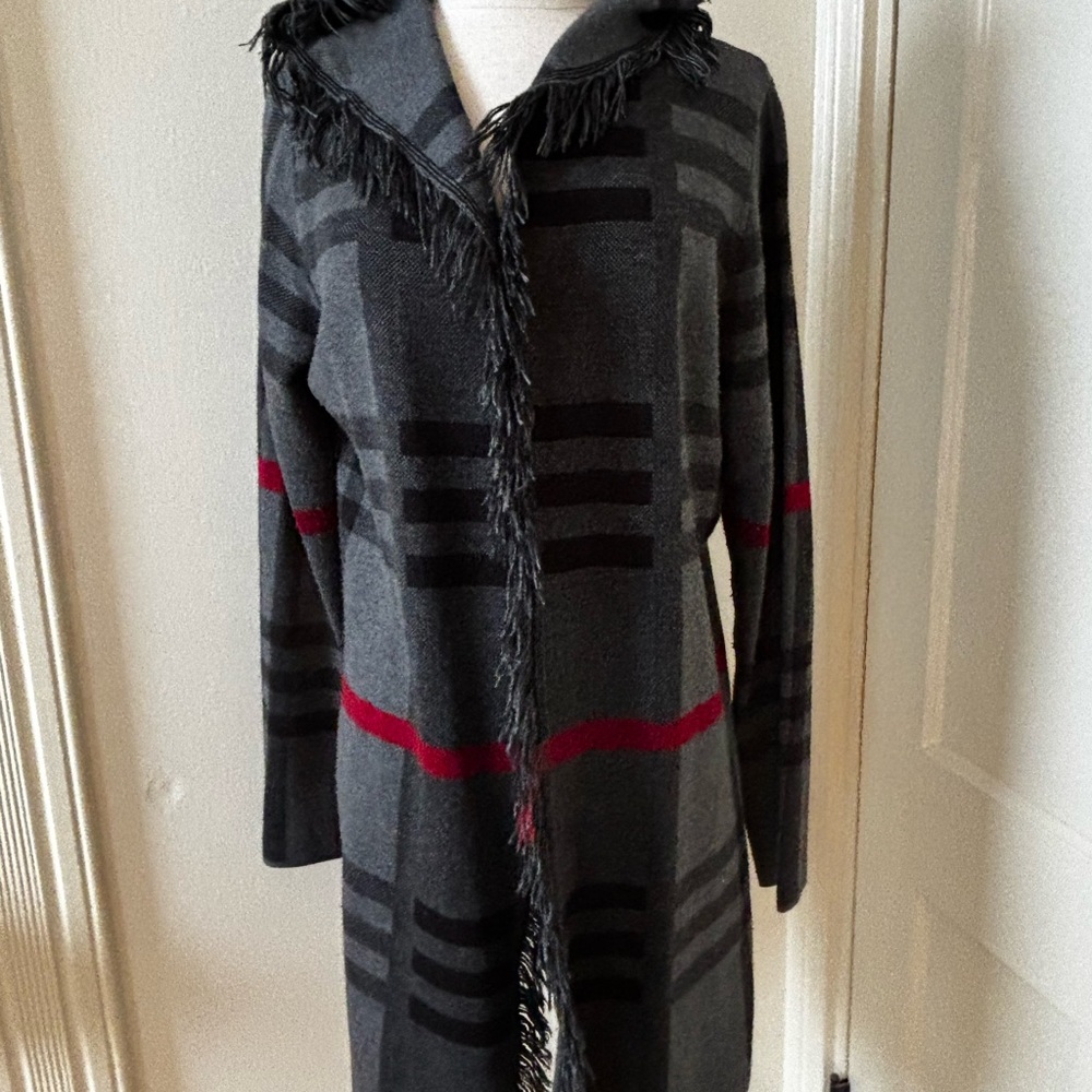 Gray Hooded Cardigan with Red Accents